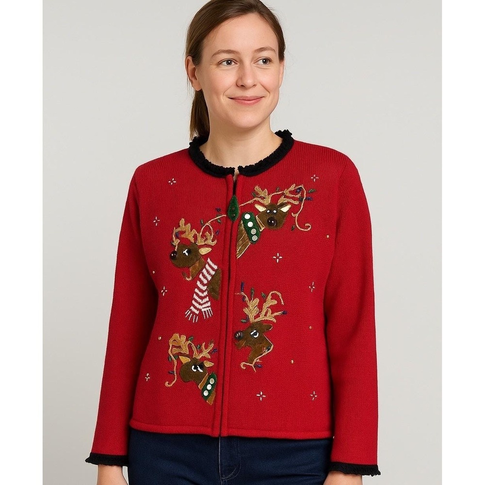 Vtg Tiara Intl Red Christmas Cardigan Sweater L Reindeer Lights Embellished 2003